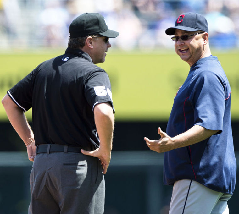 Cleveland+Indians+manager+Terry+Francona+visits+with+umpire+Paul+Emmel+during+a+game+against+the+Kansas+City+Royals+at+Kauffman+Stadium+in+Kansas+City%2C+Miss.%2C+Sunday%2C%C2%A0+April+28%2C+2013.