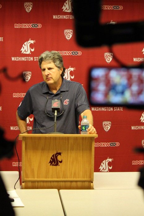 Head Coach Mike Leach answers questions about last week’s gameduring a press conference in Bohler Gym, Monday, Sept. 16, 2013.
