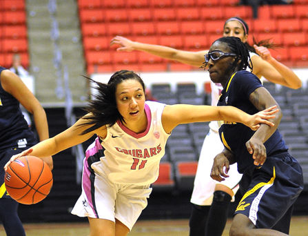 Sophomore guard Dawnyelle Awa brings the ball up the court during a game against California in Beasley Coliseum, Thursday, Feb. 28.