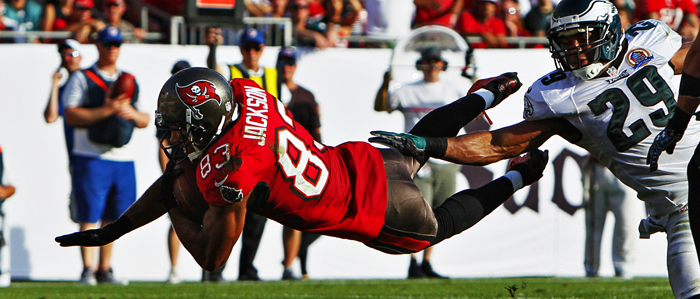 Wide receiver Vincent Jackson catches a 13- yard touchdown pass  from quarterback Josh Freeman during a home against Philadelphia, Sunday, Dec. 9, 2012.