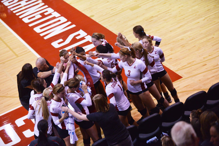 The+Cougar+volleyball+team+huddles+during+a+game+against+Montana+in+Bohler+Gym%2C+Saturday%2C+Sept.+7%2C+2013.