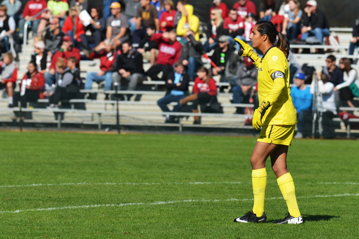 Redshirt+junior+goalkeeper+Gurveen+Clair+directs+her+defense+during+a+game+against+Utah+on+the+Lower+Soccer+Field+on+Sunday.