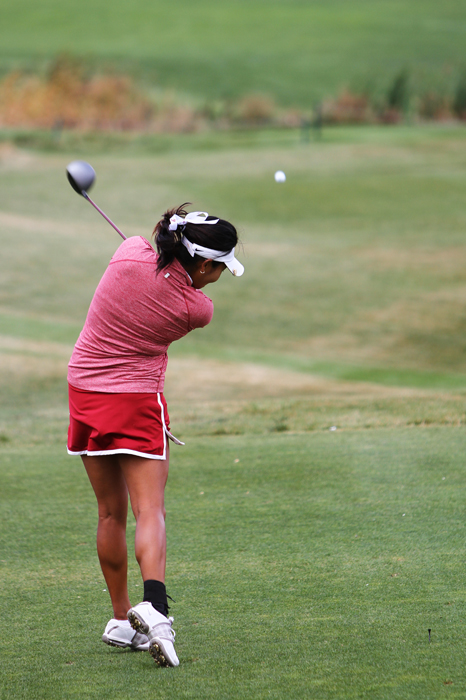 Cherokee Kim drives on the 9th hole at Palouse Ridge Golf Club Monday, Sept. 23, 2013
