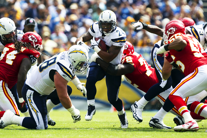 San Diego Chargers running back Ryan Mathews (24) rus through the Kansas City Chiefs defensive line in the first quarter at Qualcomm Stadium in San Diego, California, Sunday, Sept. 25, 2011. The Chargers defeated the Chiefs, 20-17.