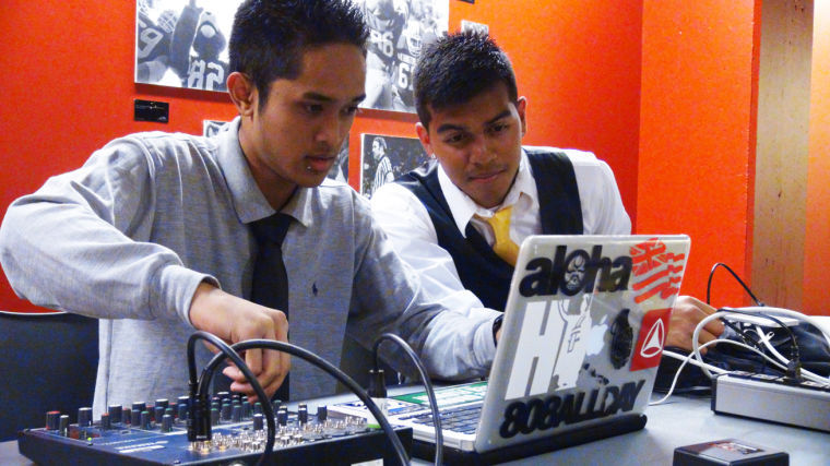 Allen Manipon (left) and Andrew Lee (right) play music during the FASA Formal in Butch’s Den Saturday, Nov. 2.