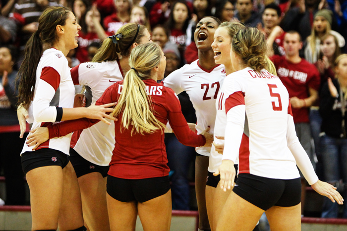 The+WSU+volleyball+team+celebrates+after+a+scored+point%C2%A0during+a+home+match+against+Arizona+State%2C+Friday%2C+Oct.+11.%C2%A0