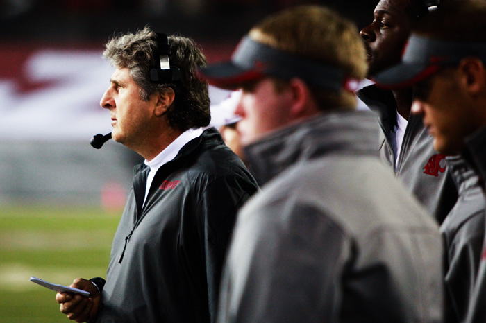 WSU football coach Mike Leach observes his offense during a homecoming game against Idaho, Saturday, Sept. 14.