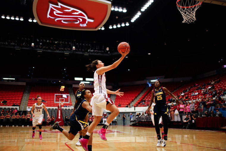 Sophomore guard Dawnyelle Awa goes for a layup during a game against the California Golden Bears in Beasley Coliseum, Sunday, Feb. 9.