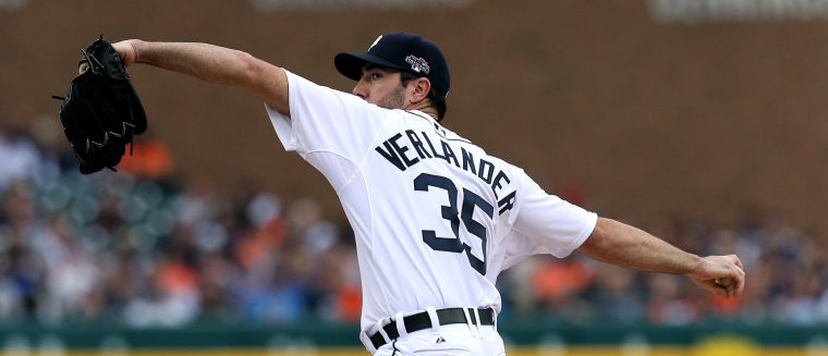 Detroit pitcher Justin Verlander pitches during a road game against Boston, Oct. 15, 2013.