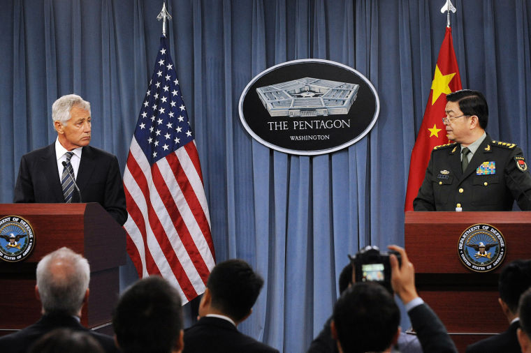 Defense Secretary Chuck Hagel looks on at a news conference with China’s Minister of National Defense Gen. Chang Wanquan at the Pentagon in Arlington, Va., Aug. 19, 2013.