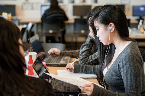 A student studies in the Asian American and Pacific Islander Student Center on the fourth floor of the CUB, April 15, 2013.