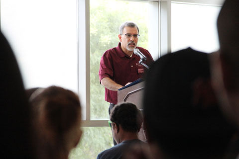 J. Manuel Acevedo, the director of Multicultural Student Services, speaks during the CONEXION club event in the CUB, Sunday, Aug. 24, 2014.