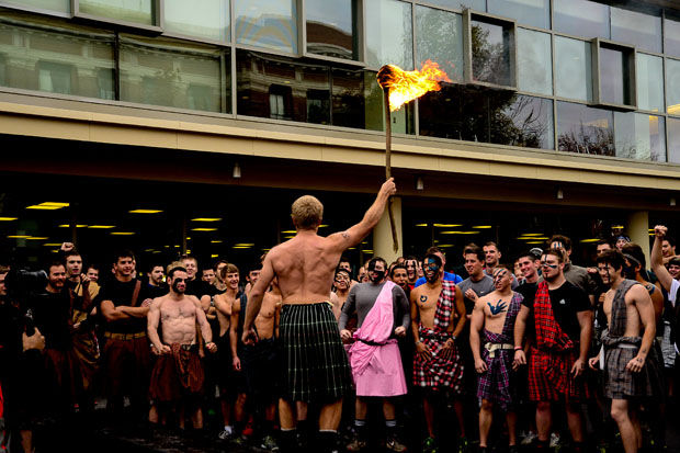 Karl Olson gives a speech to the clans to start the Highland Run on Glenn Terrell Mall,  Oct. 11, 2014.