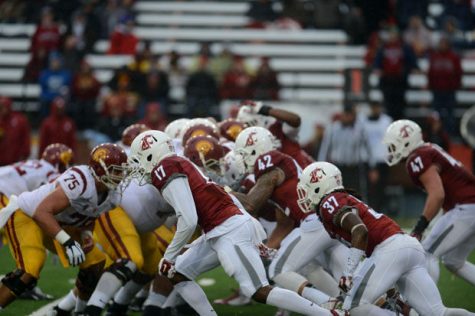 WSU freshman cornerback, Pat Porter (17) and freshman safety Sulaiman Hameed (37) defend against USC in a game at Martin Stadium on Saturday, Nov. 1, 2014.