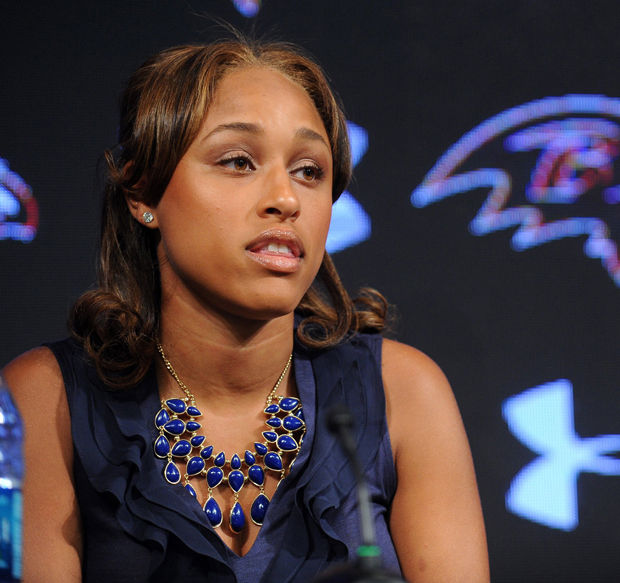 Janay+Rice%2C+wife+of+Ravens+running+back+Ray+Rice%2C+made+a+statement+to+the+news+media+May+5%2C+2014%2C+at+the+Under+Armour+Performance+Center+in+Owings+Mills%2C+Md%2C+regarding+his+assault+charge+for+knocking+her+unconscious+in+a+New+Jersey+casino.+On+Monday%2C+Sept.+9%2C+2014%2C+Rice+was+let+go+from+the+Baltimore+Ravens+after+a+video+surfaced+from+TMZ+showing+the+incident.