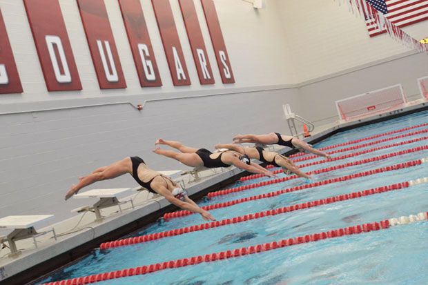 During their practice, Washington State swimmers dive into Gibb Pool, Jan. 16 2014. WSU has a pair of meets in Lincoln, Neb. against the Cornhuskers this weekend.