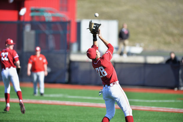 WSU freshman infielder Shane Matheny prepares to catch a fly ball against Sacred Heart at Bailey-Brayton field, March 7, 2015.