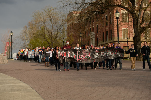 One+hundred+and+fifty+students%2C+faculty+and+staff+led+a+march+through+campus+to+raise+awareness+regarding+equality+and+unity+campus-wide.+Many+bystanders+became+participants+as+they+heard+of+the+Wake+Up+WSU+movement+passing+through+campus%2C+Friday%2C+April+3%2C+2015.
