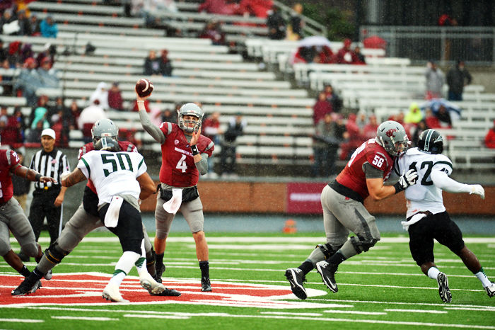 Redshirt sophomore quarterback Luke Falk passes the ball during a game against Portland State University in Martin Stadium, Saturday, Sept. 5.