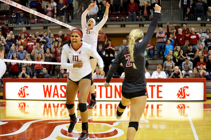Freshman+middle+blocker+Taylor+Mims+and+sophomore+outside+hitter+Casey+Schoenlein+celebrate+during+a+game+against+UW+in+Bohler+Gym%2C+Thursday%2C+Sept.+24.