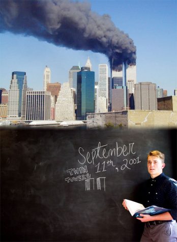 Above: Plumes of smoke billow from the World Trade Center towers in New York City after a Boeing 767 hits each tower during the September 11 attacks. Below: Teachers and professors teach about the attacks, but some students have no personal memories of the day and rely on the information in their textbooks.