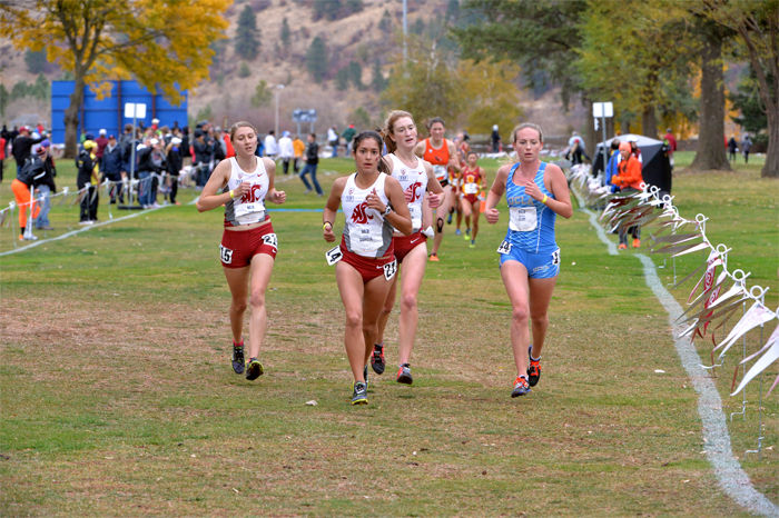 Junior Alexys Garcia runs in front of teammates senior Amanda Henderson and freshman Josie Brown during the Pac-12 Championships at Colfax Golf Course, Oct. 30, 2015.
