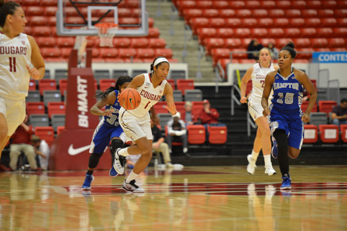 Sophomore+guard+Caila+Hailey+dribbles+down+the+court+during+a+game+against+Hampton+in+Beasley+Coliseum%2C+Nov.+16%2C+2015.