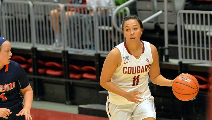 Senior+guard+Dawnyelle+Awa+dribbles+down+the+court+during+a+game+against+Lewis-Clark+State+in+Beasley+Coliseum%2C+Nov.+8%2C+2015.