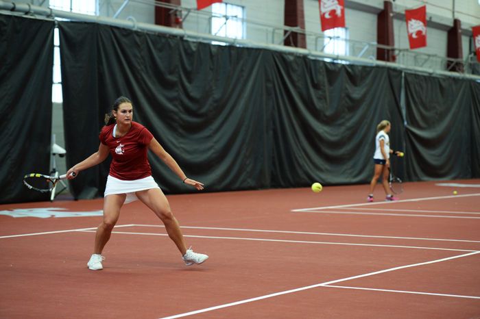 Freshman Barbora Michalkova prepares to return a volley during a match against Montana State in Hollingberry Fieldhouse, Jan. 15.