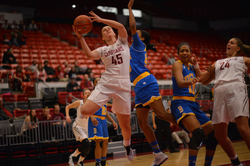 Freshman forward Borislava Hristova jumps for a lay-up during a game against UCLA at Beasley Coliseum on Jan. 17. Hristova is from Bulgaria.