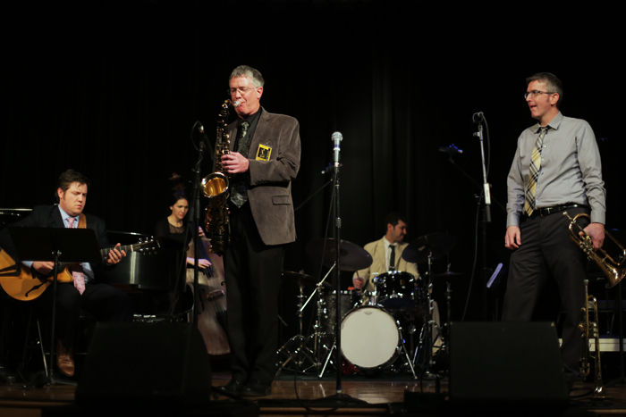 From left to right, Graham Dechter, Katie Thiroux, Dave Hagelganz, Kevin Kanner, Vern Sielert and Josh Nelson (not pictured) perform Wednesday night at the Lionel Hampton Jazz Festival.