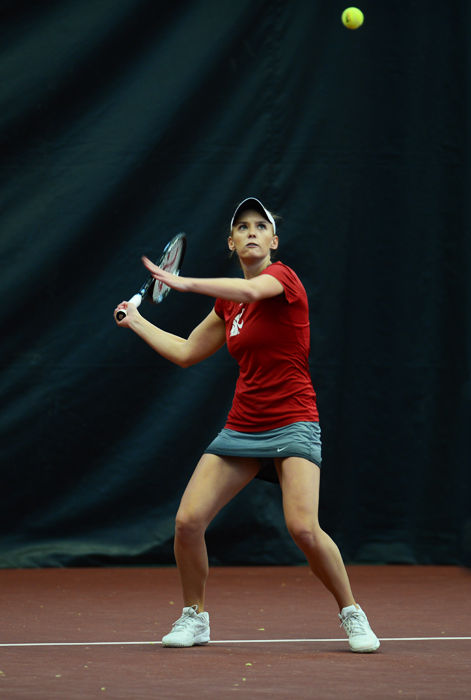 Senior+Maria+Biryukova+watches+the+ball+during+a+match+against+Seattle+at+Hollingbery+Fieldhouse+on+Feb.+6.