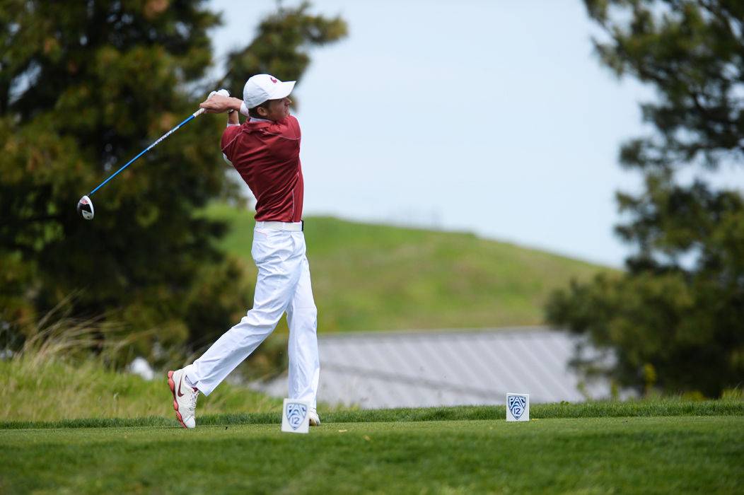 A WSU golfer  tees off during a match at Palouse Ridge Golf Course during the Pac-12 Championships on April 29, 2015.