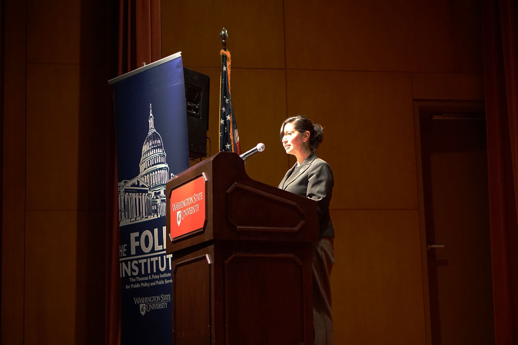 Nancy Rodriguez, director of the National Institute of Justice, highlights the importance of research to criminal justice reform during her speech in CUB Auditorium on Monday.