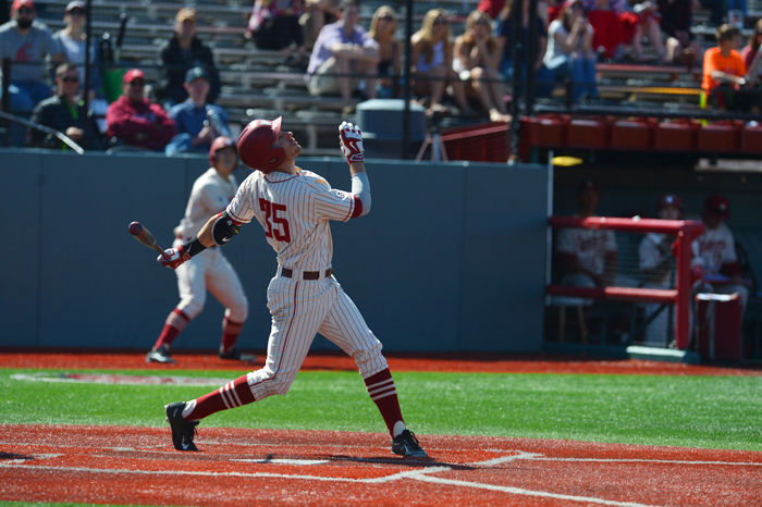 Junior outfielder Cameron Frost watches a hit during a game against Oregon State at Bailey-Brayton Field on April 16.
