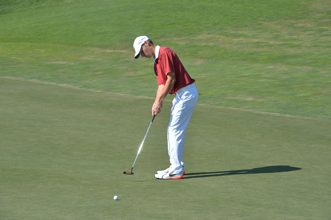 Freshman Grant Cole putts the ball during the Itani Quality Homes Collegiate at the Palouse Ridge Golf Course on Sept. 29, 2015.