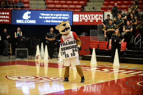 Butch, WSU school mascot, holds the “Thanks Seniors” board before a women’s basketball game against Utah at Beasley Coliseum on Feb. 27.