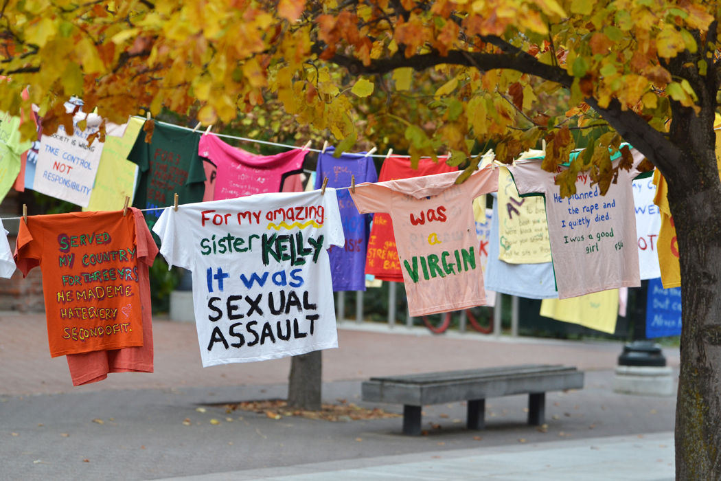 Shirts designed by victims of sexual and domestic violence line the Glenn Terrell Mall on Oct. 15, 2013, as part of Week Without Violence.