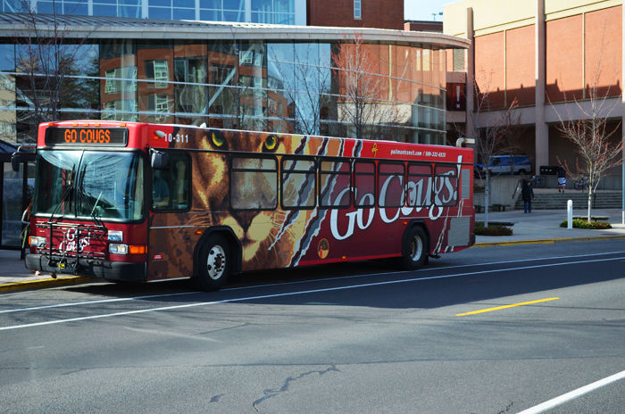 A Pullman Transit bus stops on campus in 2016. After the City of Pullman declared a state of emergency Tuesday night, Pullman Transit will run two charter buses starting at 5 a.m. Saturday to transport fans to and from the WSU football game.