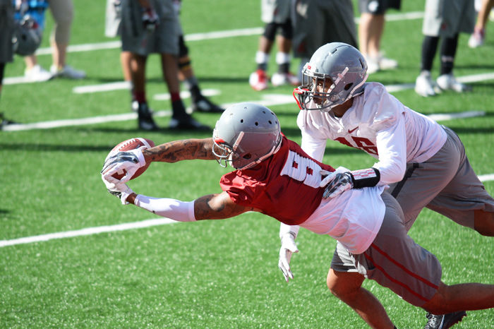 Redshirt senior wide receiver Gabe Marks lunges to catch a pass during a spring practice at Martin Stadium on March 26, 2015.