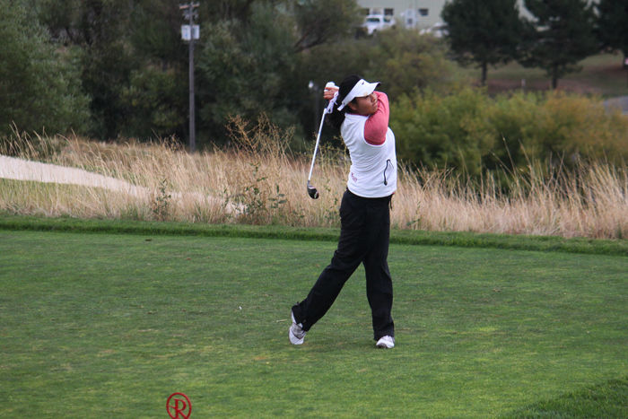 Junior Cherokee Kim tees off during the WSU Cougar Cup at Palouse Ridge Golf Course on Sept. 22.