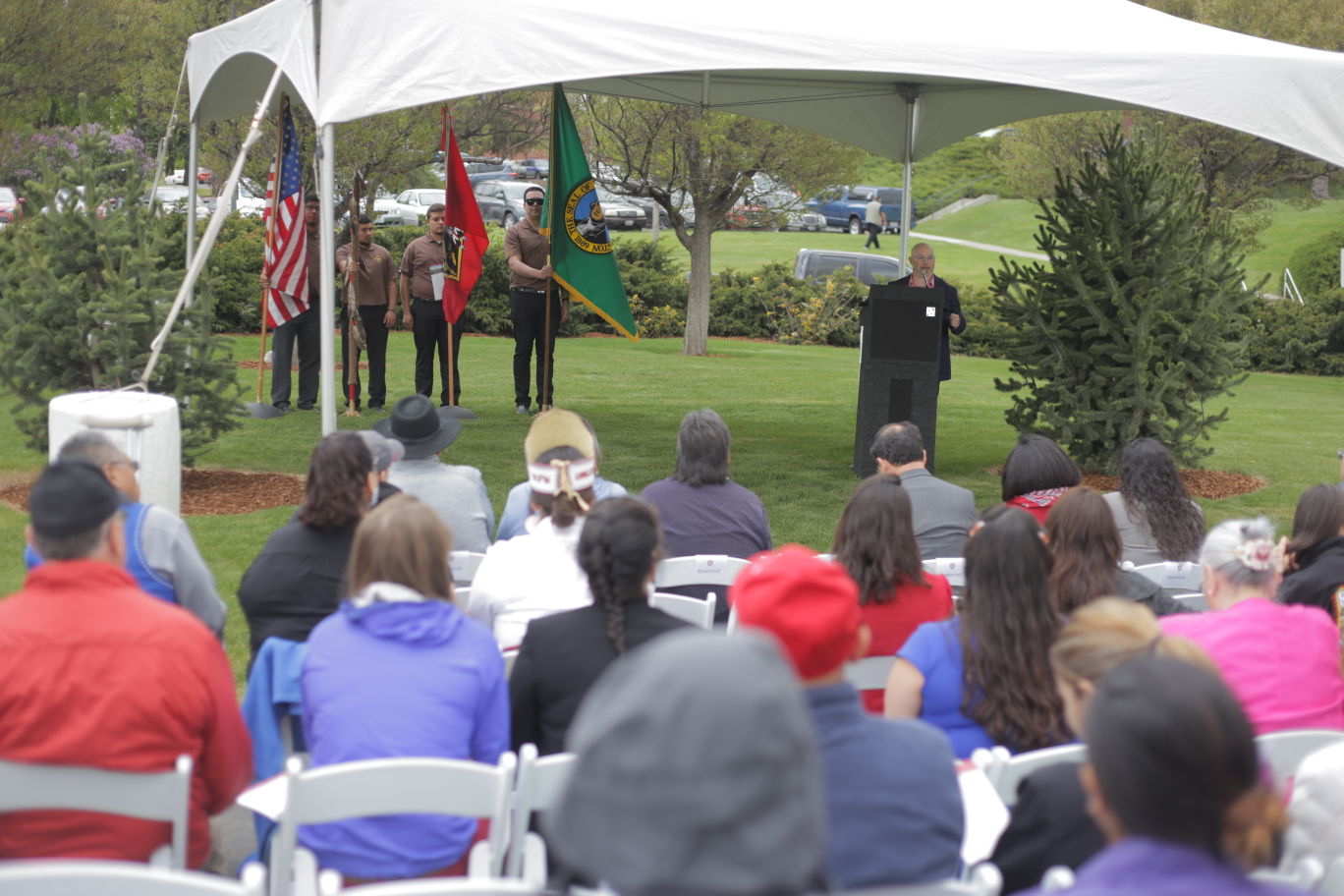Mark Sindell, director of business development at GGLO Design, the company designing the Elson S. Floyd Cultural Center, speaks at a Nez Perce blessing ceremony for the center on Thursday.