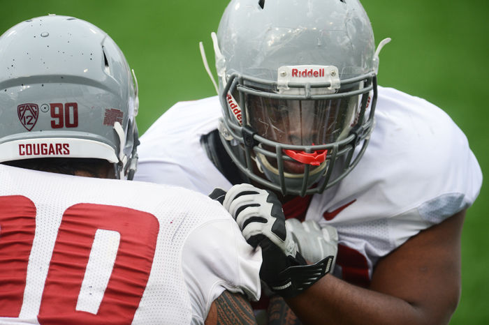 Redshirt junior nose tackle Daniel Ekaule faces off against a teammate during a spring football practice at Martin Stadium on March 31, 2015.