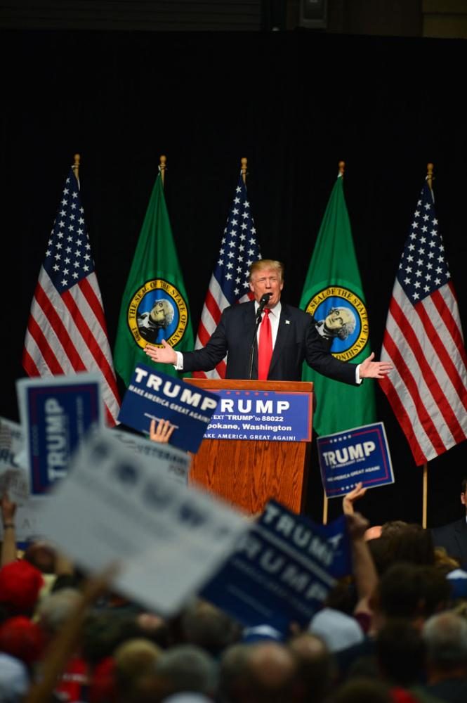 Donald Trump speaks at a campaign rally in Spokane on Saturday. 