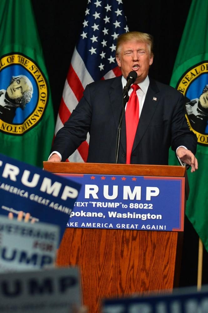 Republican presidential candidate Donald Trump speaks at a campaign rally May 7 in Spokane.  The WSU College Republicans are planning to replicate Trump’s idea for a wall between Mexico and the U.S. on the WSU campus.
