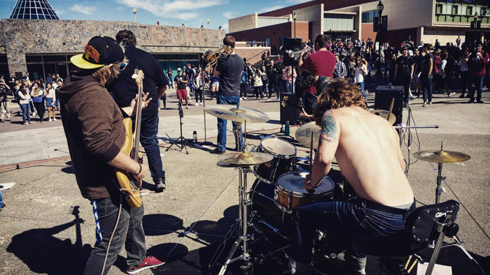 Landrace, a local band comprised of seven members, performs hardcore rock music in English and Spanish on the Glenn Terrell Mall last week.