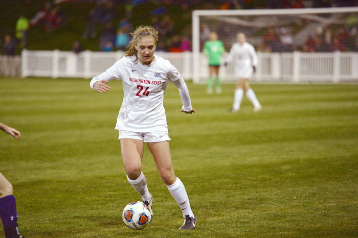 WSU sophomore defender Maegan O’Neill dribbles in an NCAA Tournament match against Northwestern on Nov. 14, 2015. O’Neill and the Cougars have lost their first three conference matches this season.