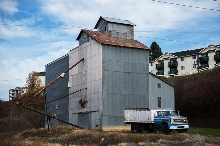 The grain elevator on Stadium Way, near Grand Avenue, where two marijuana retailers have applied to open shops.