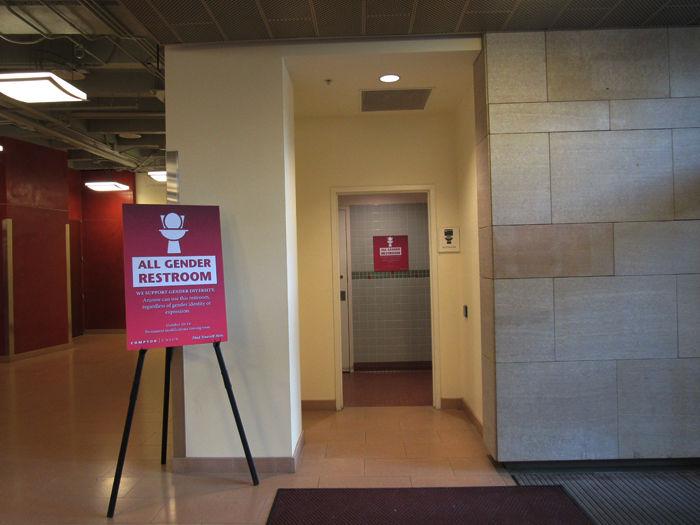 The sign posted outside of the CUB’s first floor east end women’s restrooms reads, “All Gender Restrooms” and that the new status of these bathrooms is temporary and will end Friday, but will become permanent soon. The CUB and Chinook Student Center will be the first facilities to have multi-stall gender inclusive restrooms.