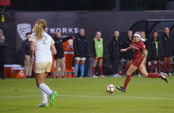 WSU+senior+forward+Kaitlyn+Johnson+pushes+the+ball+toward+the+goalie+box+in+a+match+against+Colorado+at+Lower+Soccer+Field+on+Sept.+23.+Johnson+took+two+shots+in+Sunday%E2%80%99s+loss+to+California+in+Berkeley.